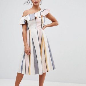Midi Sun Dress with One Shoulder Ruffle Detailing